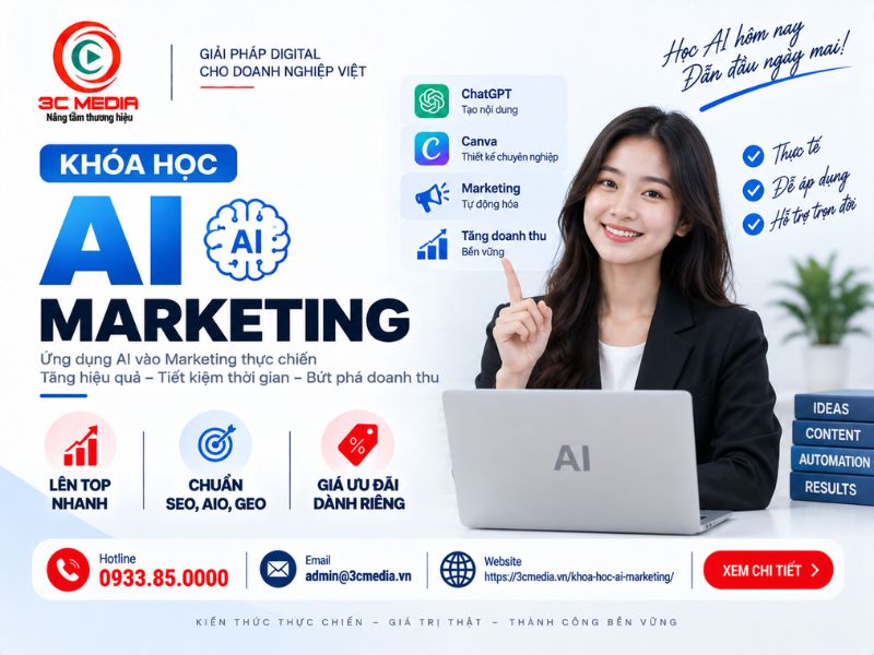 Khóa học AI marketing tại 3C Media: học viên dùng AI nghiên cứu khách hàng và lên kế hoạch nội dung