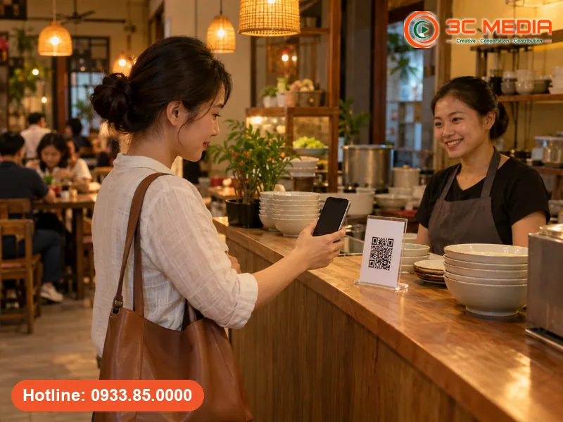 Khách hàng quét mã QR xin đánh giá Google Maps đặt trên quầy thu ngân sau khi thanh toán