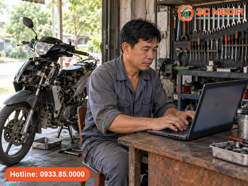 Chủ cửa hàng ngồi trước laptop trả lời đánh giá của khách trên Hồ sơ doanh nghiệp Google