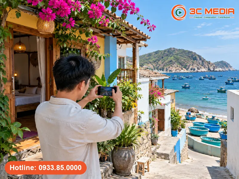 Chủ homestay ở Nhơn Lý, Bình Định chụp ảnh biển hiệu và lối vào để xác minh Google Maps