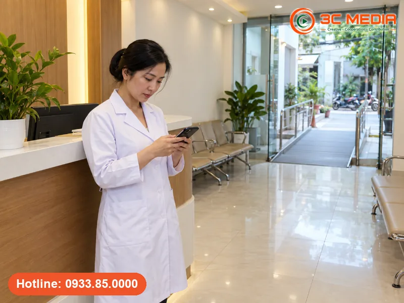 Chủ phòng khám nha khoa ở Ninh Kiều, Cần Thơ kiểm tra hồ sơ phòng khám trên Google Maps bằng điện thoại ở quầy lễ tân