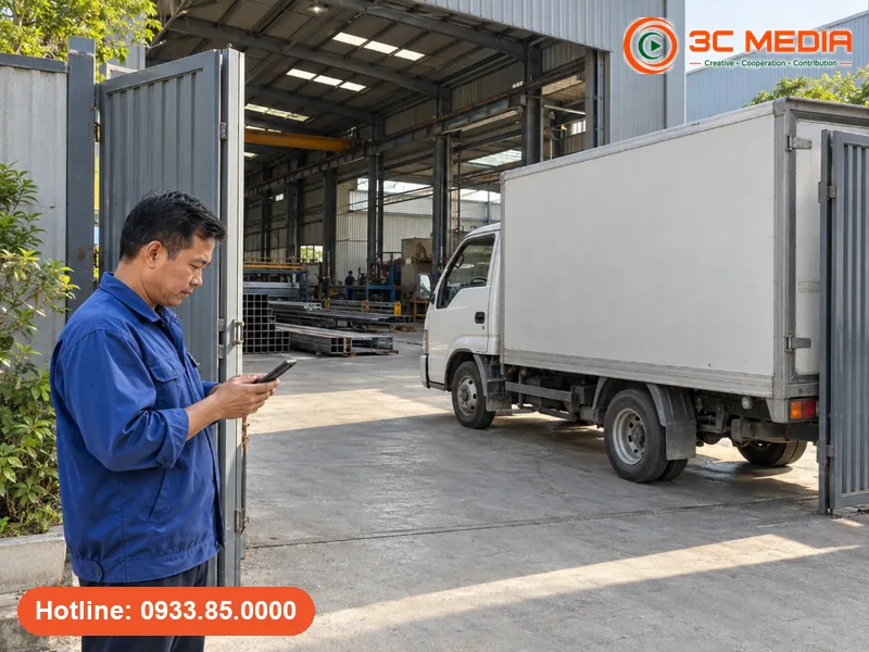 Chủ xưởng cơ khí ở khu vực Nhơn Trạch, Đồng Nai đứng trước cổng xưởng mới kiểm tra vị trí ghim trên Google Maps