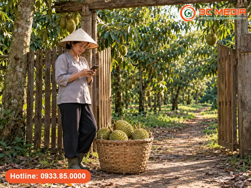 Chủ vườn sầu riêng ở Long Khánh, Đồng Nai xem hồ sơ Google Maps trên điện thoại cạnh cổng vườn mùa thu hoạch