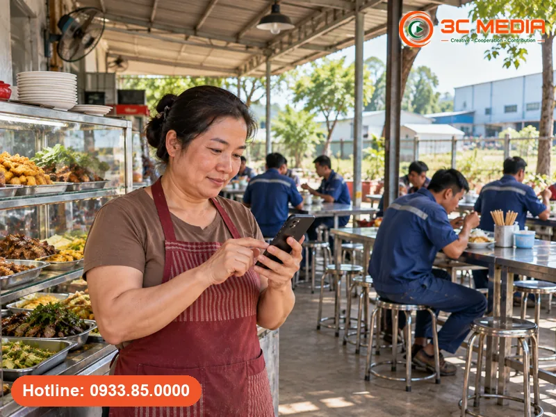 Chủ quán cơm công nhân gần khu công nghiệp Đồng Văn, Hà Nam cập nhật giờ mở cửa theo ca trên Google Maps