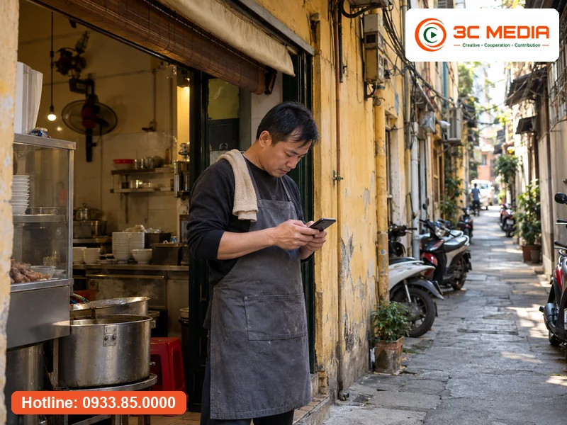 Chủ quán trong ngõ Hà Nội kiểm tra ghim vị trí trên Google Maps