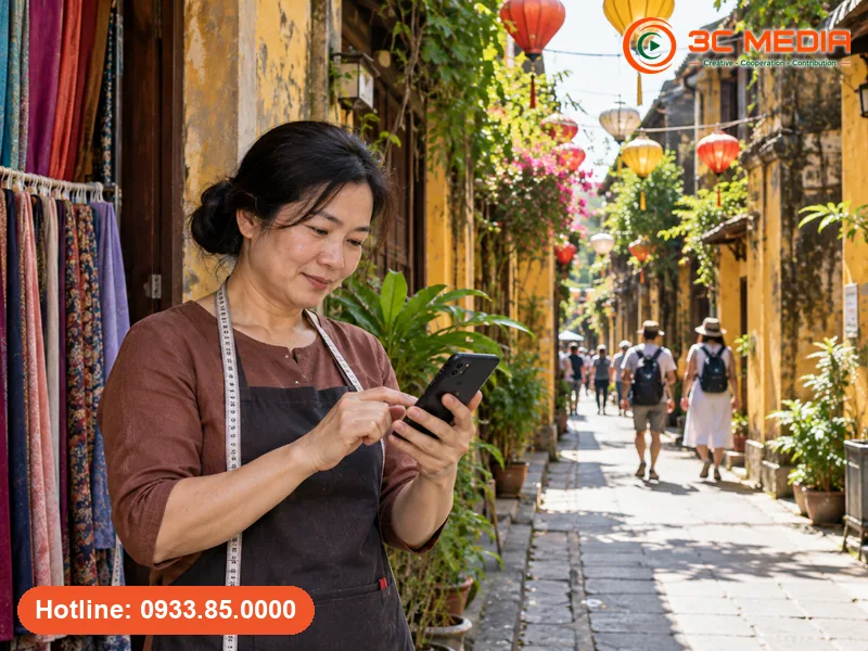 Chủ tiệm may đo trong phố cổ Hội An kiểm tra vị trí cửa hàng trên Google Maps bằng điện thoại