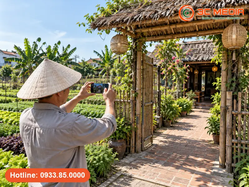Chủ homestay ở làng rau Trà Quế, Hội An chụp ảnh cổng vào để cập nhật hồ sơ Google Maps