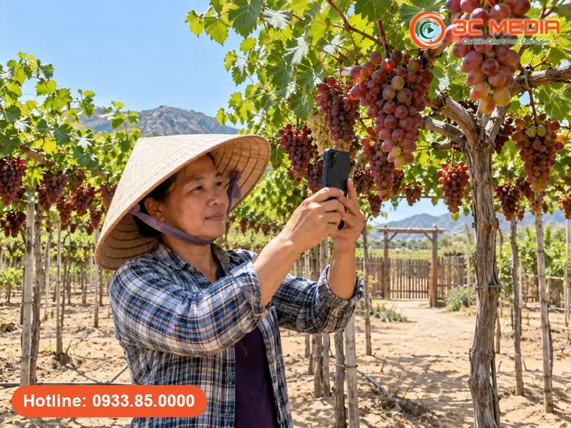 Chủ vườn nho ở khu vực Phan Rang, Khánh Hòa chụp ảnh giàn nho để đăng lên hồ sơ Google Maps