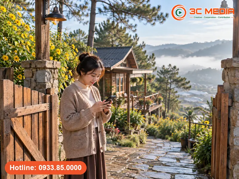 Chủ homestay trên đồi thông Đà Lạt, Lâm Đồng kiểm tra vị trí ghim cổng vào trên Google Maps bằng điện thoại