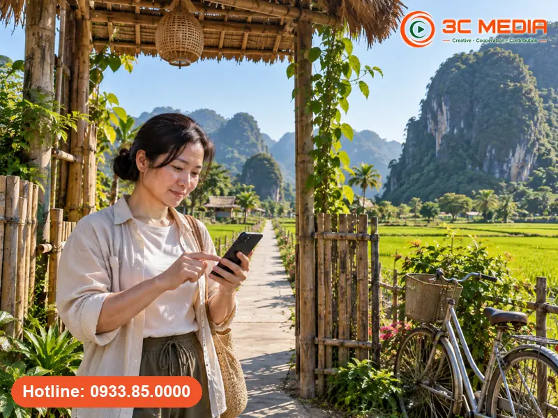 Chủ homestay giữa cánh đồng lúa Tam Cốc, Ninh Bình kiểm tra vị trí ghim cổng đón khách trên Google Maps