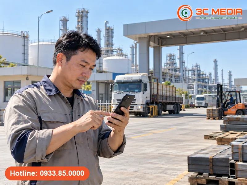 Kỹ sư đứng trước cổng nhà máy ở khu kinh tế Dung Quất, Quảng Ngãi xem vị trí trên Google Maps