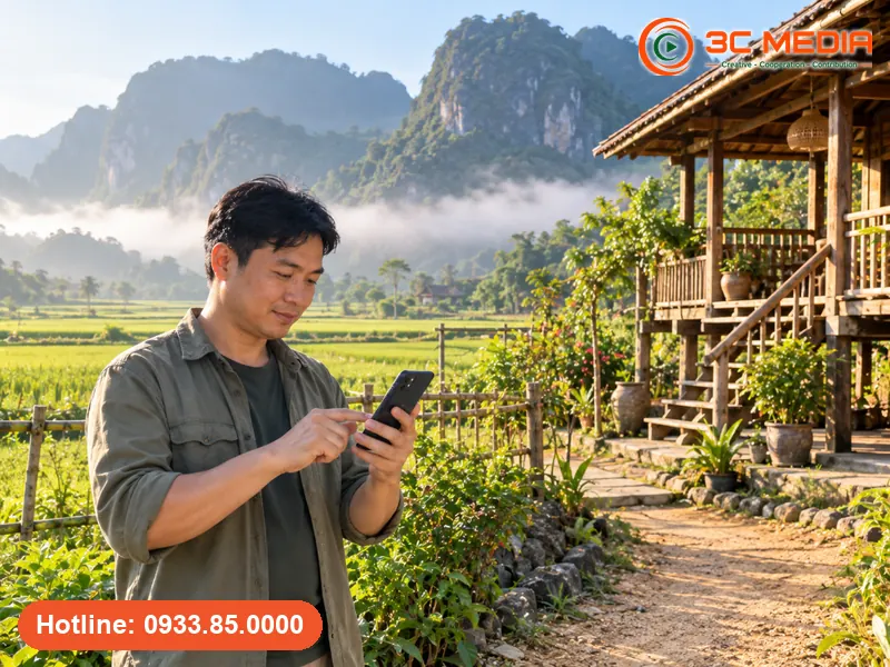 Chủ homestay ở Phong Nha, Quảng Trị kiểm tra ghim lối vào homestay trên Google Maps bằng điện thoại