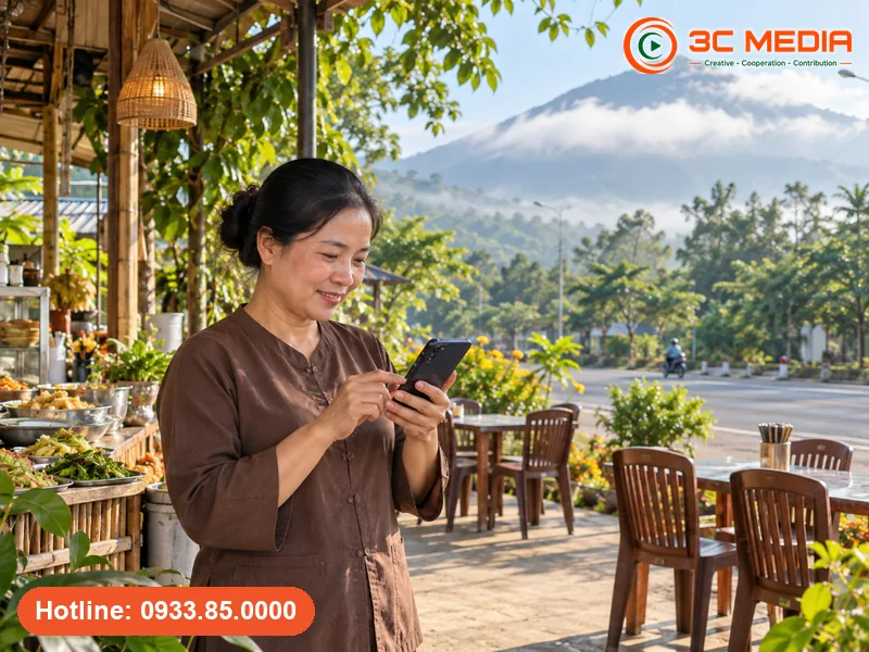 Chủ quán chay gần chân núi Bà Đen, Tây Ninh kiểm tra giờ mở cửa mùa lễ hội trên Google Maps bằng điện thoại