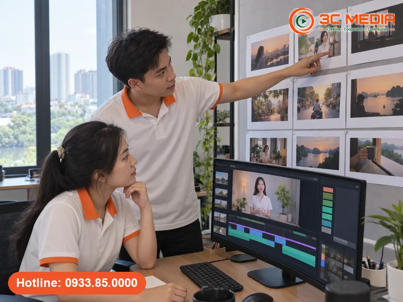 Đội ngũ dựng video AI cho doanh nghiệp tại văn phòng