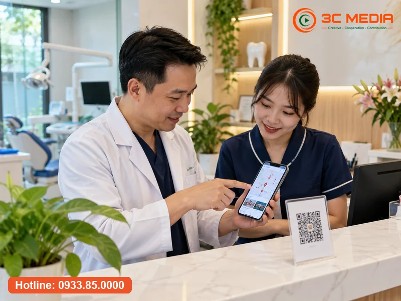 Chủ cửa hàng xem kết quả SEO Map trên điện thoại cùng chuyên viên 3C Media