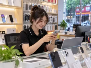Nhân viên cửa hàng tư vấn khách qua Messenger trên điện thoại – 3C Media