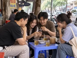 Nhóm bạn trẻ cùng xem mạng xã hội trên điện thoại – 3C Media