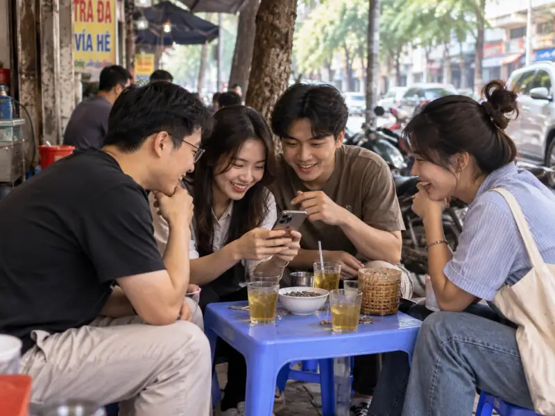 Nhóm bạn trẻ cùng xem mạng xã hội trên điện thoại – 3C Media
