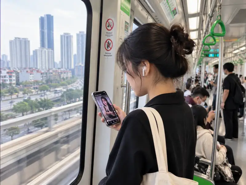 Người dùng xem video ngắn trên mạng xã hội khi đi tàu điện – 3C Media