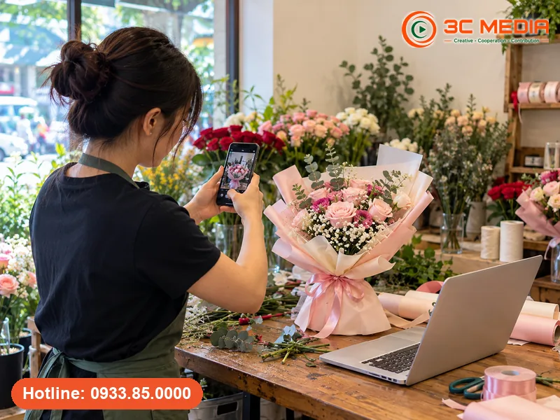 Chủ tiệm hoa chụp ảnh sản phẩm để đăng lên Fanpage