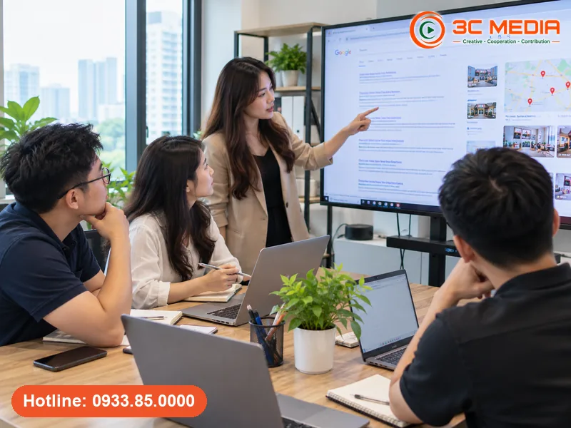 Nhóm nhân viên học SEO qua trang kết quả tìm kiếm Google