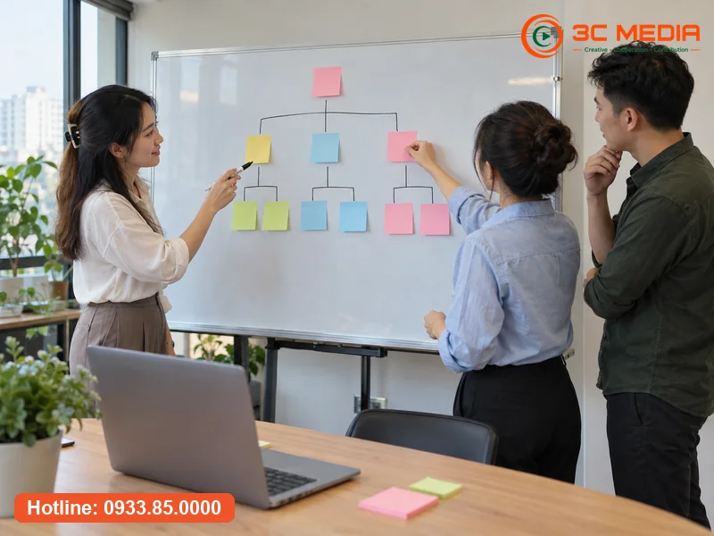 Nhóm marketing dán giấy note thành sơ đồ cấu trúc Silo trên bảng trắng