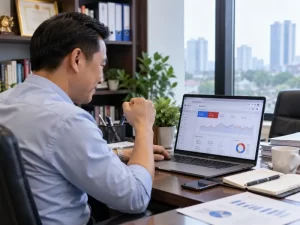 Chủ doanh nghiệp xem báo cáo hiệu quả quảng cáo Facebook trên laptop – 3C Media