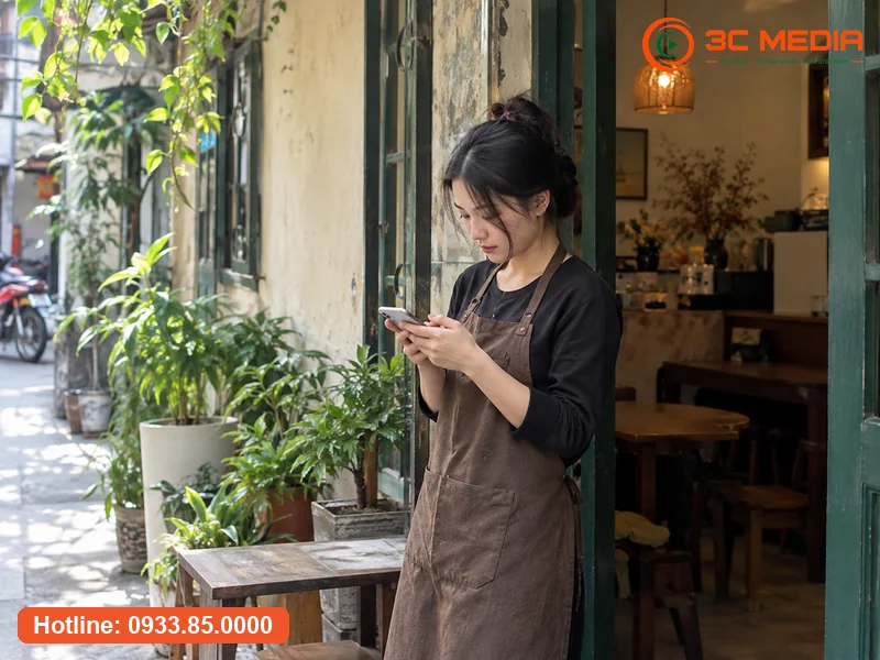 Chủ quán cà phê dùng điện thoại xác minh địa điểm trên Google Maps