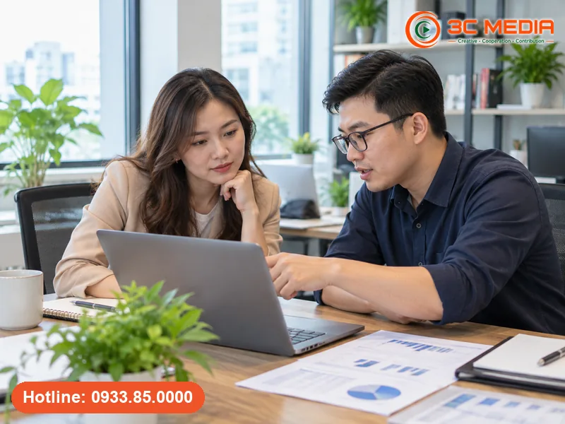 Chủ doanh nghiệp trao đổi với chuyên viên SEO về báo cáo