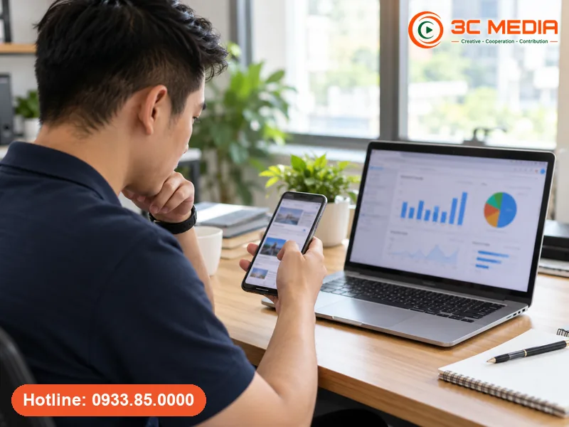Nhân viên marketing xem tỷ lệ thoát trang trên điện thoại và laptop