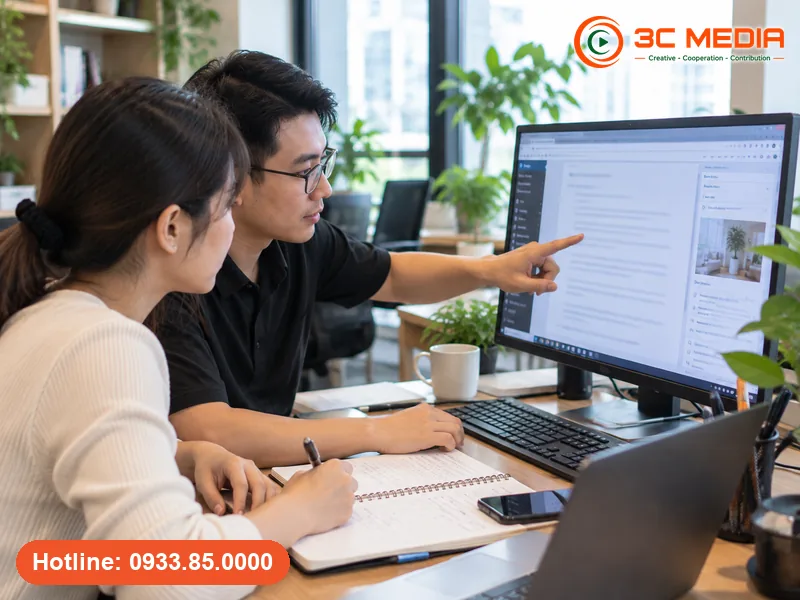 Hai nhân viên marketing cùng biên tập bài viết