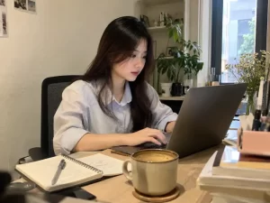 Người viết content đang lên ý tưởng bài viết trên laptop tại bàn làm việc – 3C Media