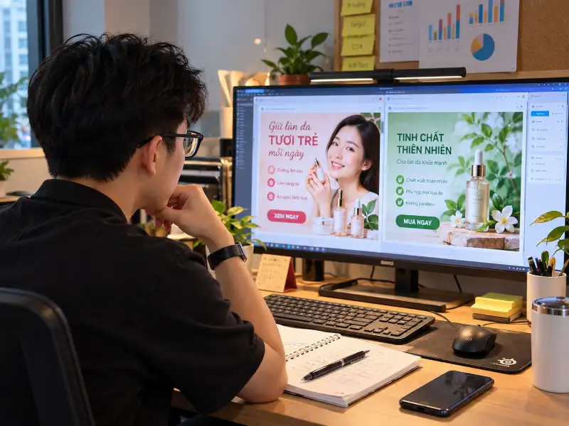Chuyên viên quảng cáo so sánh hai mẫu nội dung quảng cáo trên màn hình – 3C Media