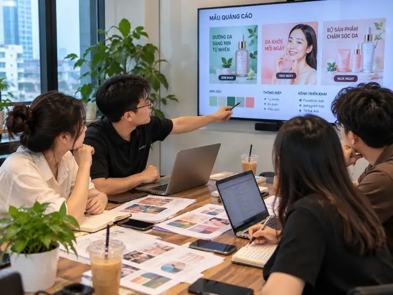 Nhóm marketing thảo luận nội dung quảng cáo trước khi chạy – 3C Media