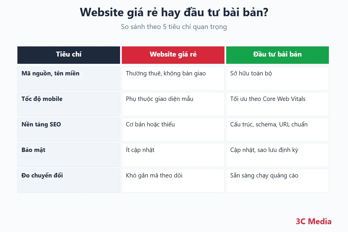 So sánh website giá rẻ và website đầu tư bài bản theo 5 tiêu chí: mã nguồn, tốc độ, SEO, bảo mật, chuyển đổi – 3C Media
